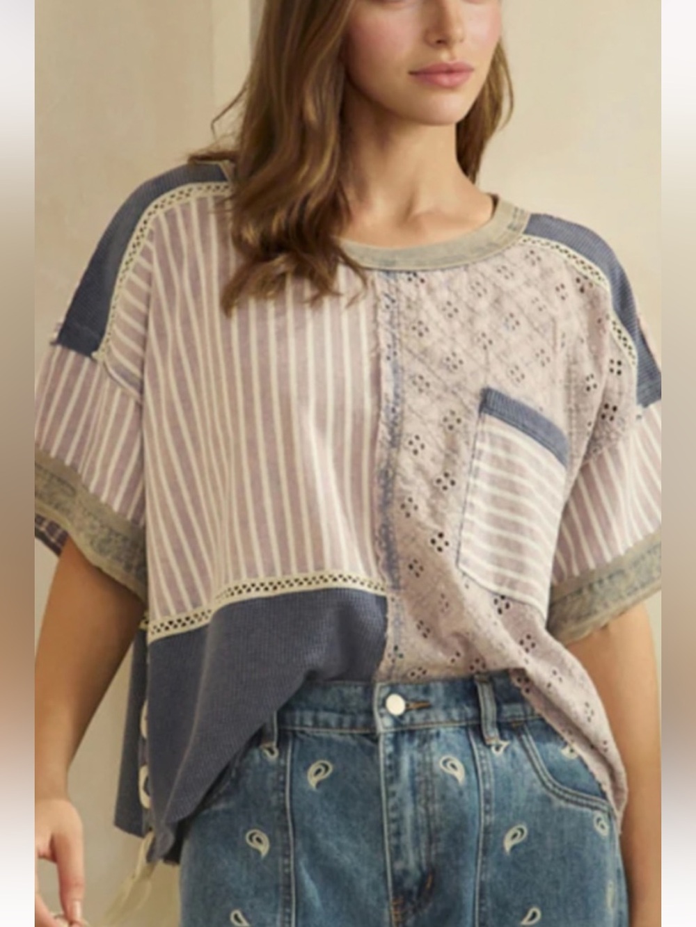204-1690 NEW Crochet Lace up side & back blue & cream strip with eyelet flowers